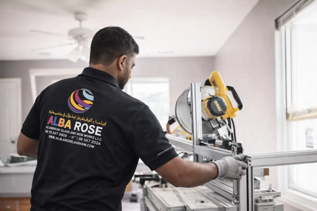 alba rose aluminum worker is cutting aluminum with cuer