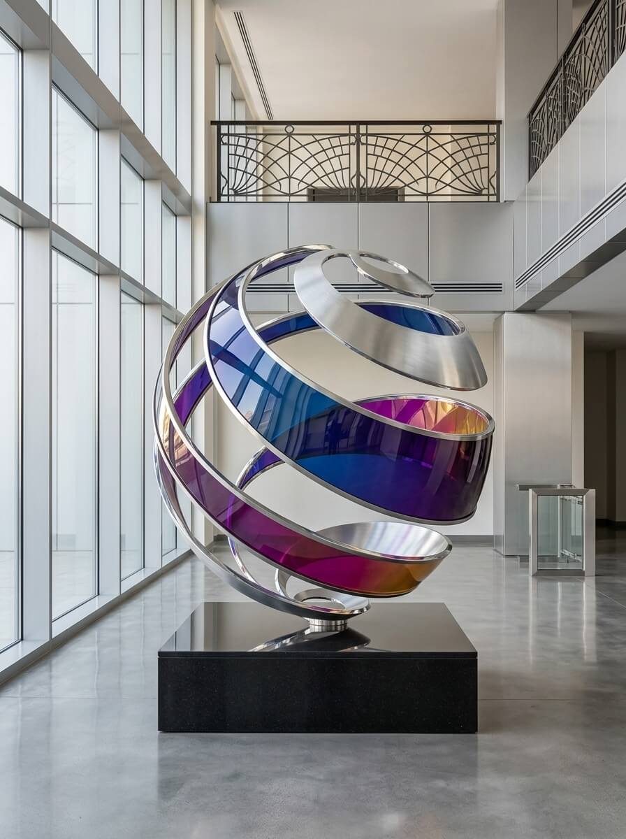 A modern spherical architectural sculpture made of brushed aluminum and vibrant iridescent glass, showcasing Alba Rose’s premium metal and glass craftsmanship.